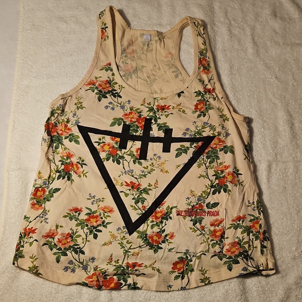 The‎ Devil Wears Prada Beige Red Floral Graphic Knit Racerback Tank Top Size M